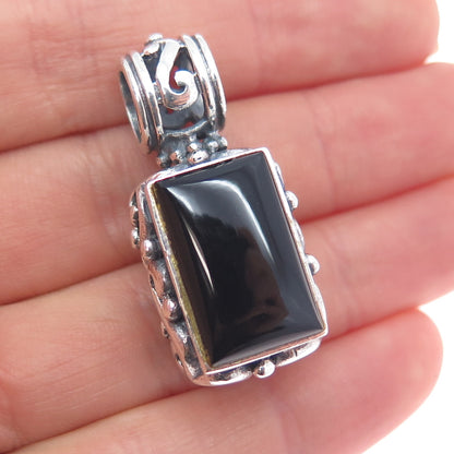 925 Sterling Silver Vintage Real Black Onyx Ornate Oxidized Charm Pendant