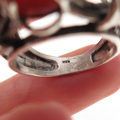 925 Sterling Silver Vintage Real Carnelian Modernist Oxidized Ring Size 9.25