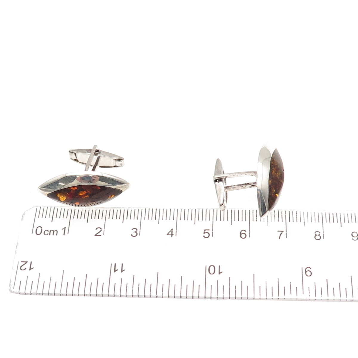 925 Sterling Silver Vintage Poland Real Amber Modernist Cufflinks