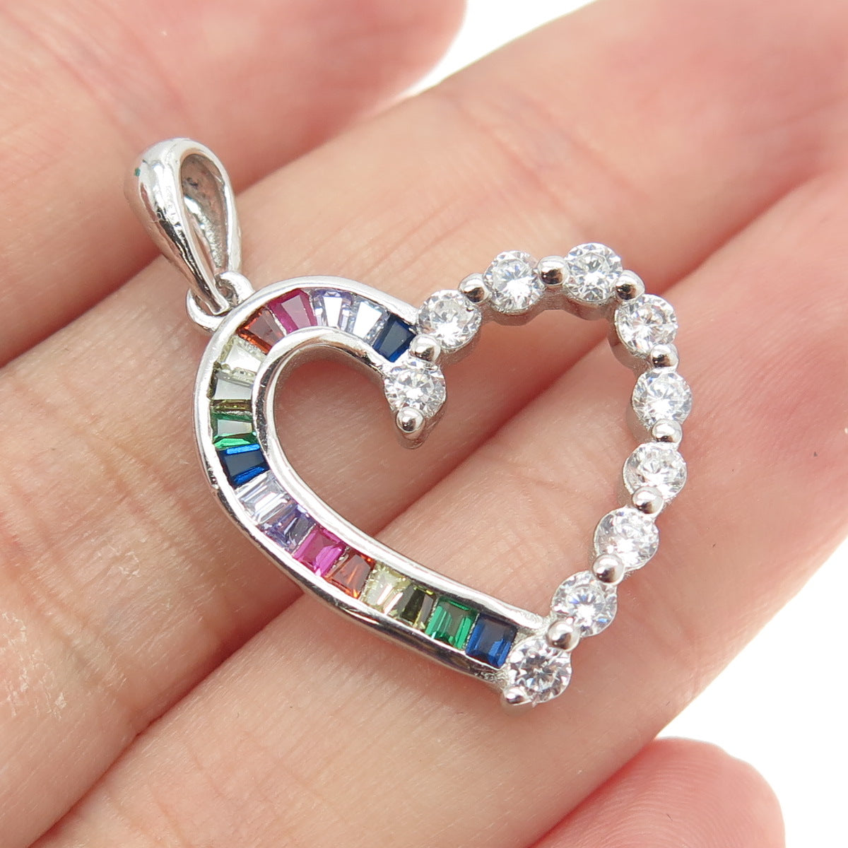 925 Sterling Silver Tapered Baguette & Round-Cut Multi-Color C Z Heart Pendant