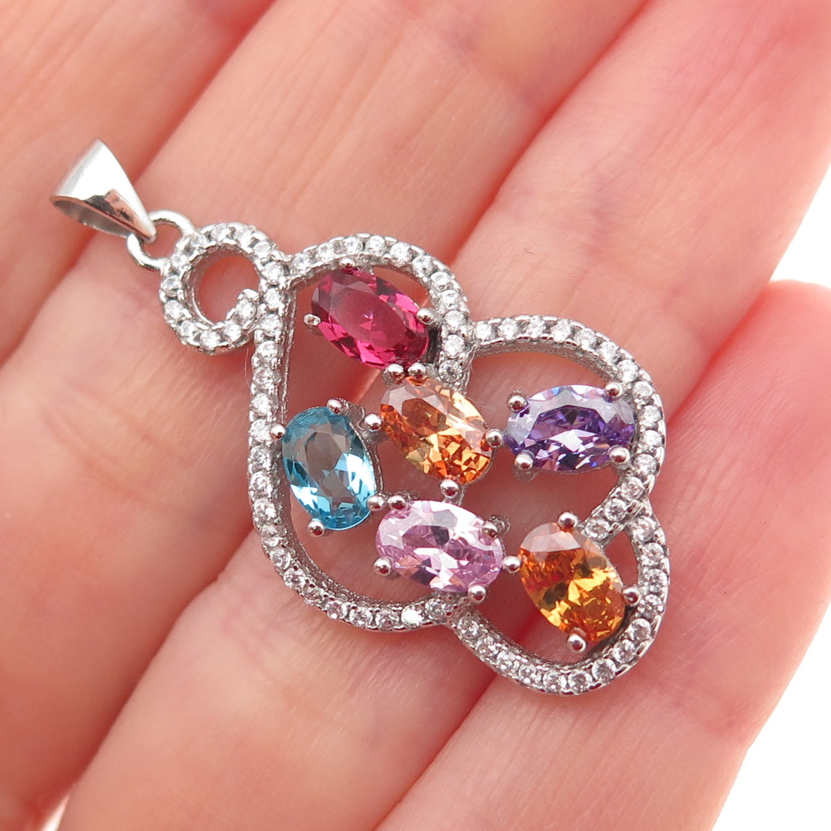 925 Sterling Silver Round & Oval-Cut Multi-Color C Z Charm Pendant