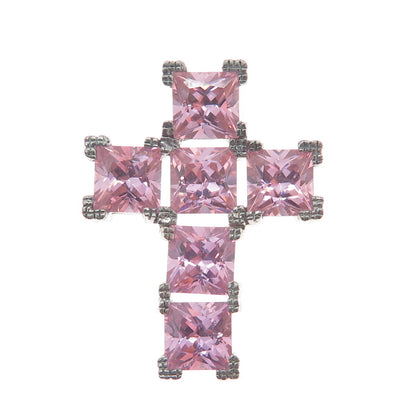 925 Sterling Silver Pink Princess-Cut Shaped C Z Cross Slide Pendant