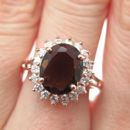 925 Sterling Silver Rose Gold Plated Real Smoky Quartz & C Z Ring Size 8.25