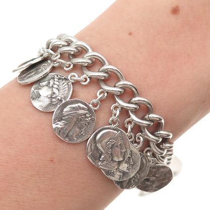 925 Sterling Silver Antique Art Deco Roman Coin Cha Cha Charm Bracelet 7" #1156
