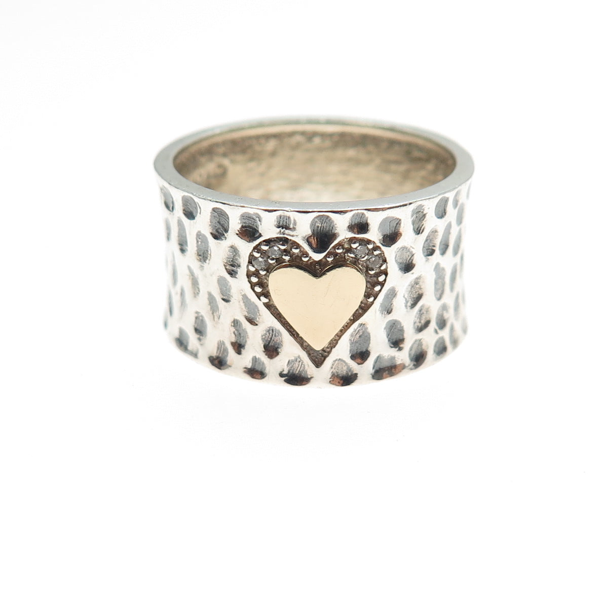 925 Sterling Silver 14K Gold Vintage Round-Cut C Z Heart Hammered Ring Size 7.75