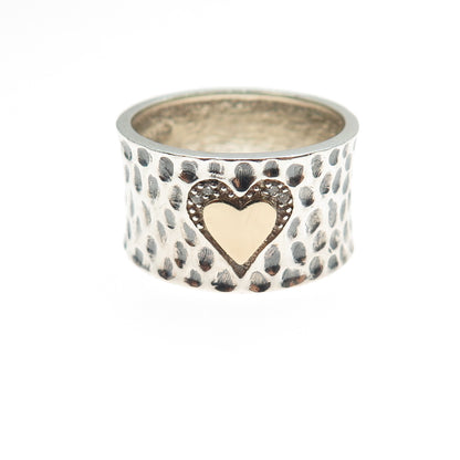 925 Sterling Silver 14K Gold Vintage Round-Cut C Z Heart Hammered Ring Size 7.75