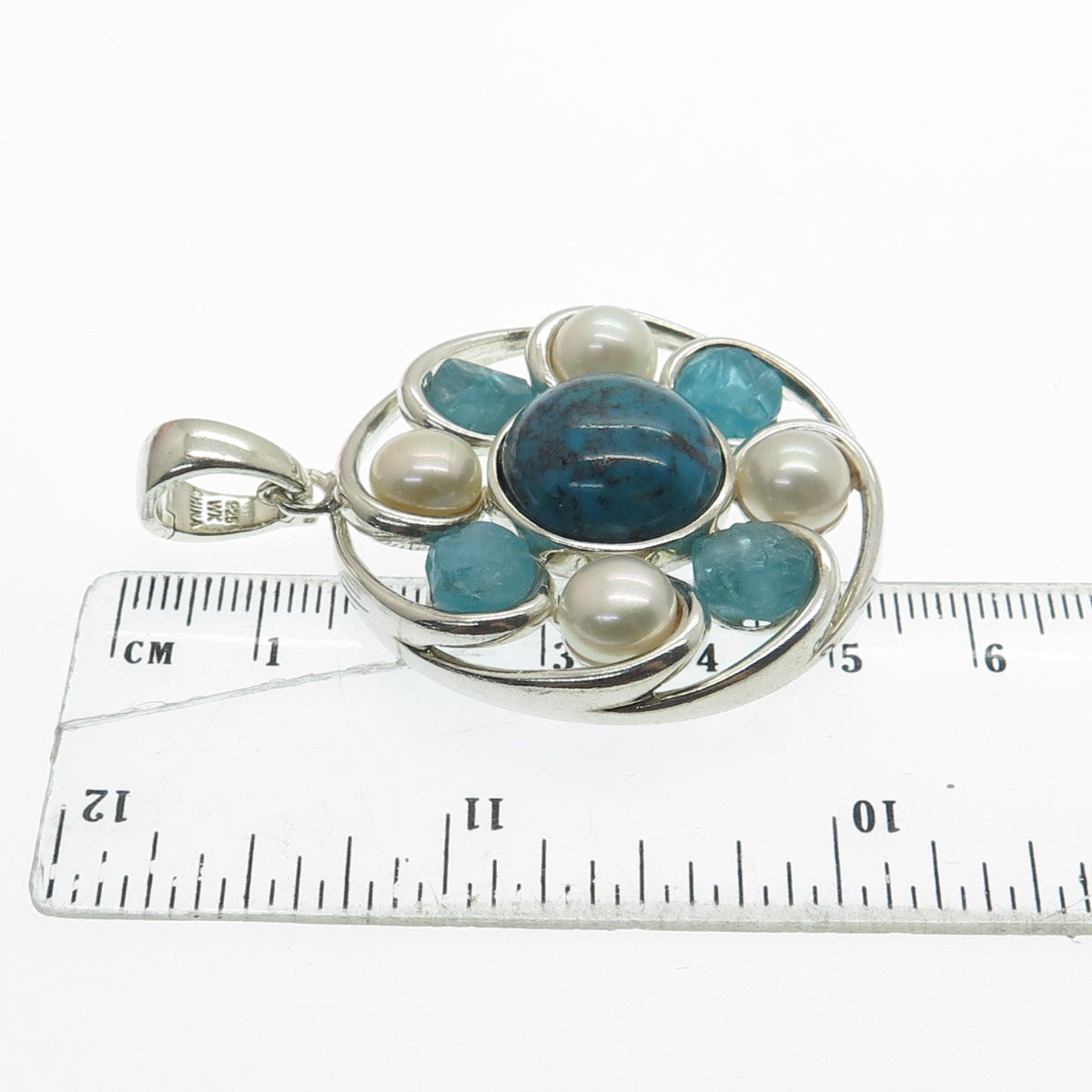 WHITNEY KELLY Sterling Silver Vintage Real Turquoise Quartz Pearl Flower Pendant