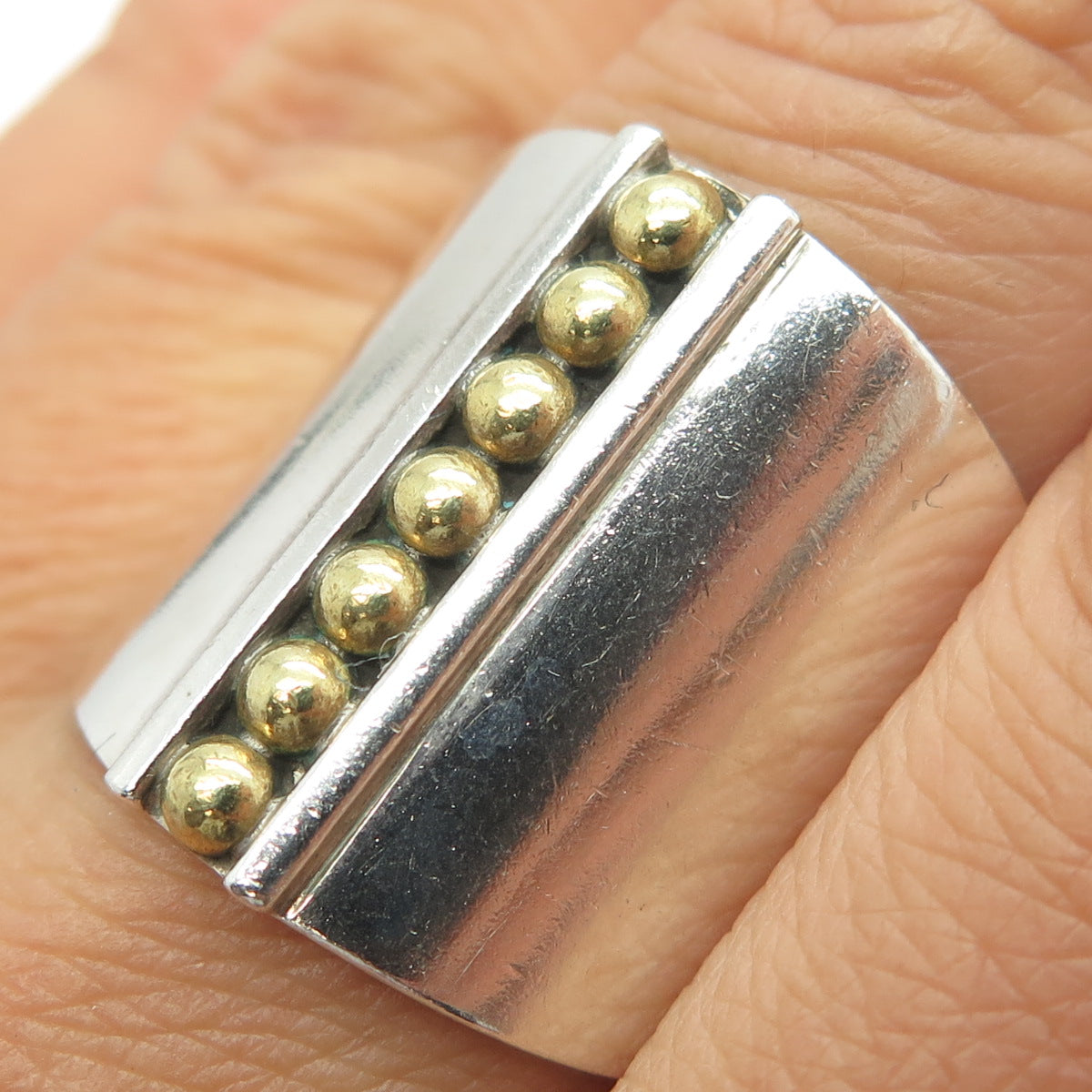 925 Sterling Silver 2-Tone Vintage CII Mexico Modernist Beaded Ring Size 9.25