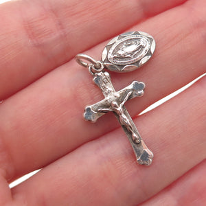 925 Sterling Silver Antique Art Deco Crucifix Cross & St. Mary Charm Pendant