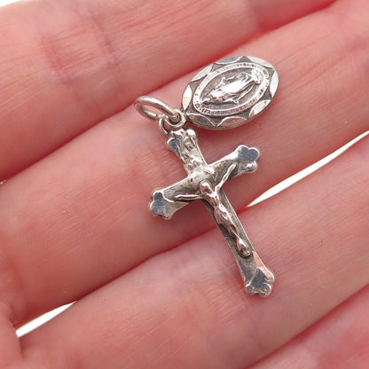 925 Sterling Silver Antique Art Deco Crucifix Cross & St. Mary Charm Pendant