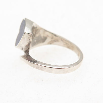 925 Sterling Silver Vintage Real Lapis Heart Oxidized Bypass Ring Size 4.5