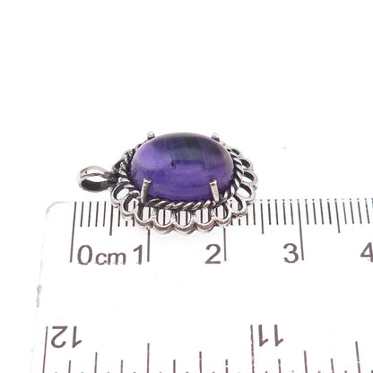 925 Sterling Silver Vintage Real Amethyst Floral Oxidized Charm Pendant