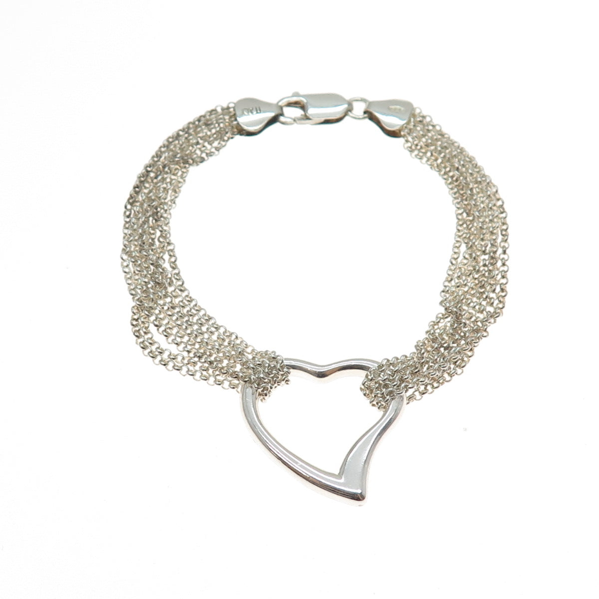 925 Sterling Silver Vintage Italy Heart Multi-Strand Rolo Link Bracelet 6.75"