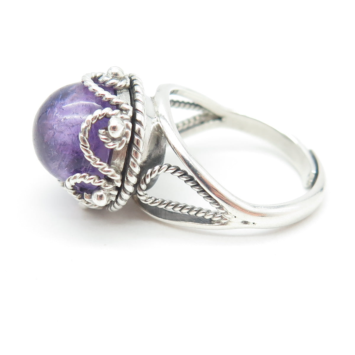 925 Sterling Silver Vintage Mexico Real Amethyst Gem Adjustable Ring Size 6.5