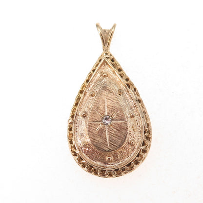 925 Sterling Silver Gold Plated Vintage Rhinestone Teardrop Locket Charm Pendant