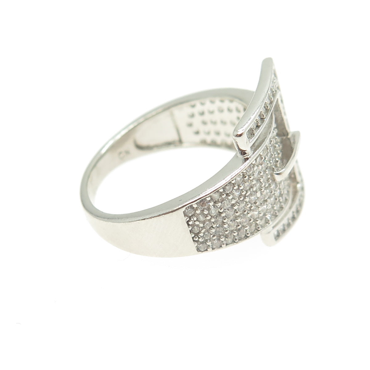 925 Sterling Silver Pave C Z Belt Buckle Ring Size 7.25