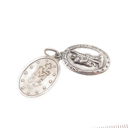 THEDA 925 Sterling Silver Antique Art Deco St. Mary Slide Double Charm Pendant