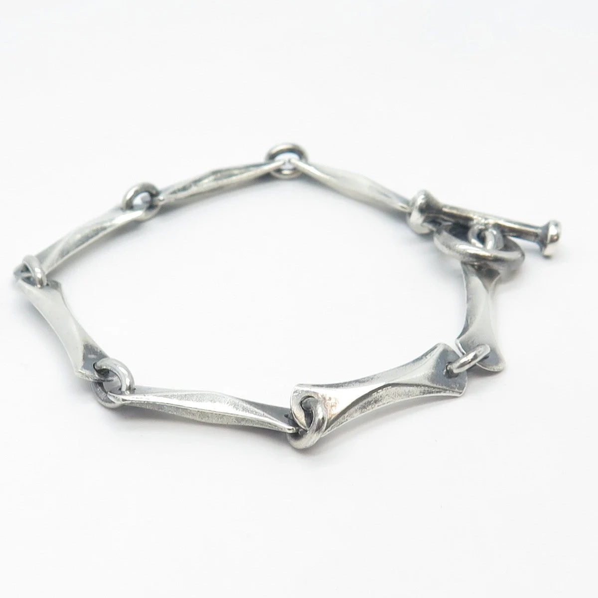 925 Sterling Silver Vintage Toggle Clasp Bamboo Link Bracelet 7.25"