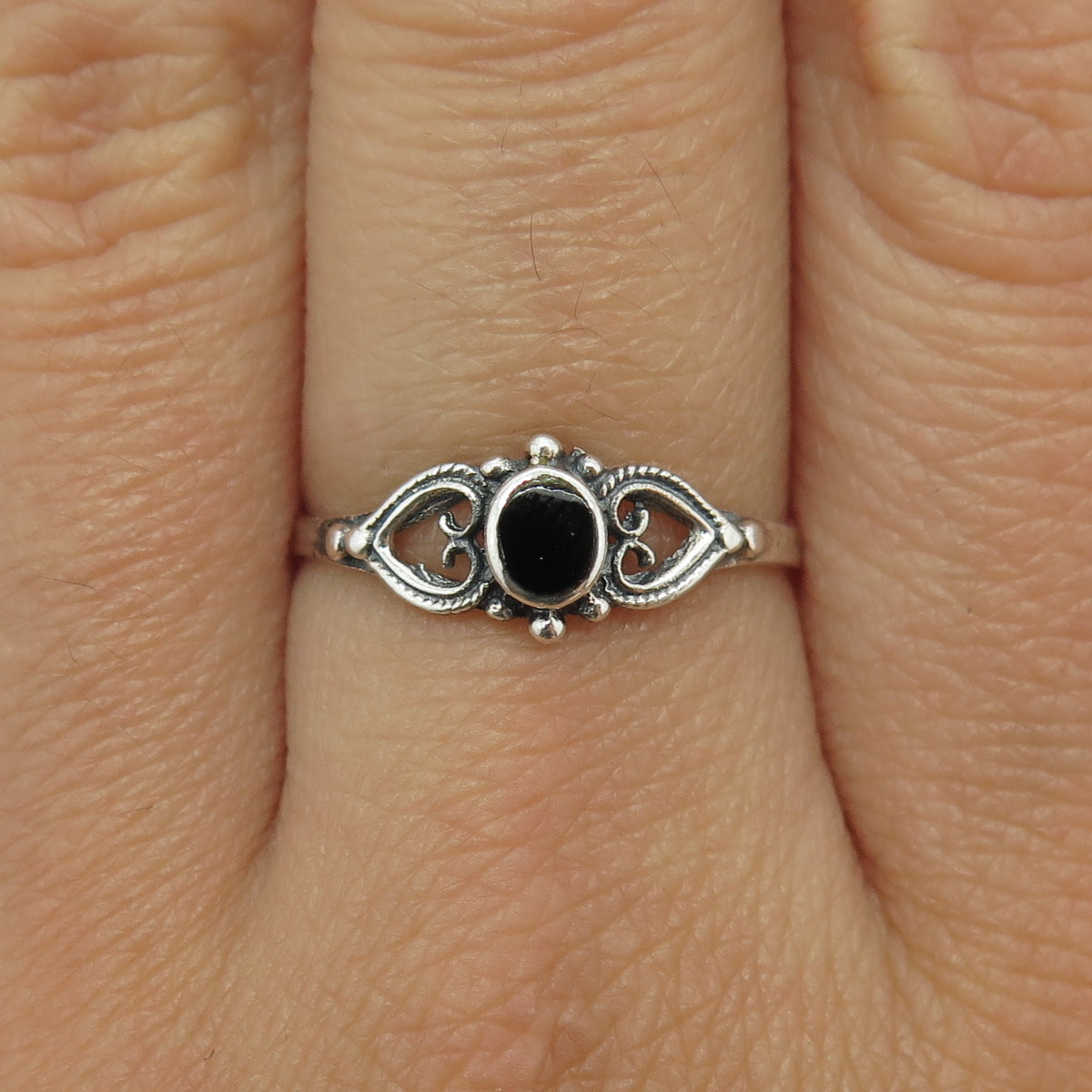 925 Sterling Silver Vintage Real Black Onyx Heart Ring Size 8.5