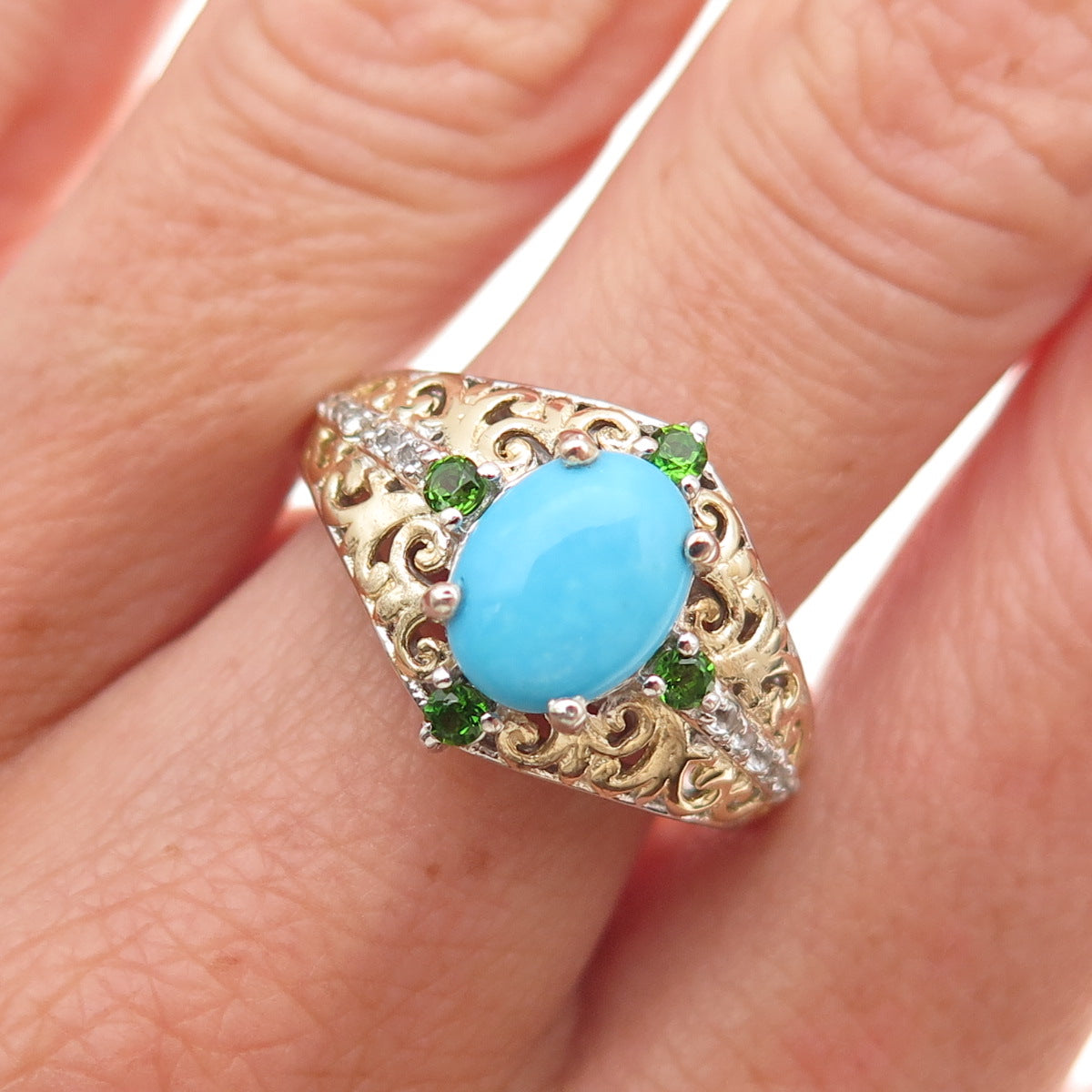 Chuck Clemency 925 Sterling 2-Tone Real Turquoise Peridot Topaz Ring Size 8.25