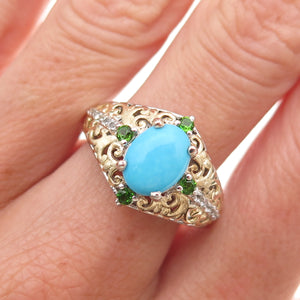 Chuck Clemency 925 Sterling 2-Tone Real Turquoise Peridot Topaz Ring Size 8.25