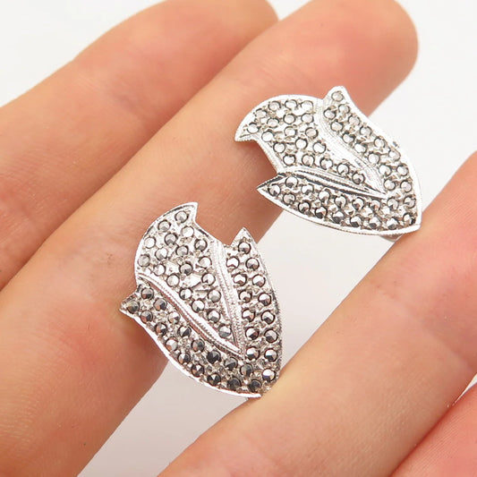 925 Sterling Silver Vintage Real Marcasite Gemstone Screw Back Earrings