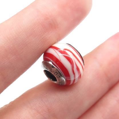 925 Sterling Silver QG Italy Red & White Murano Glass Bead Charm