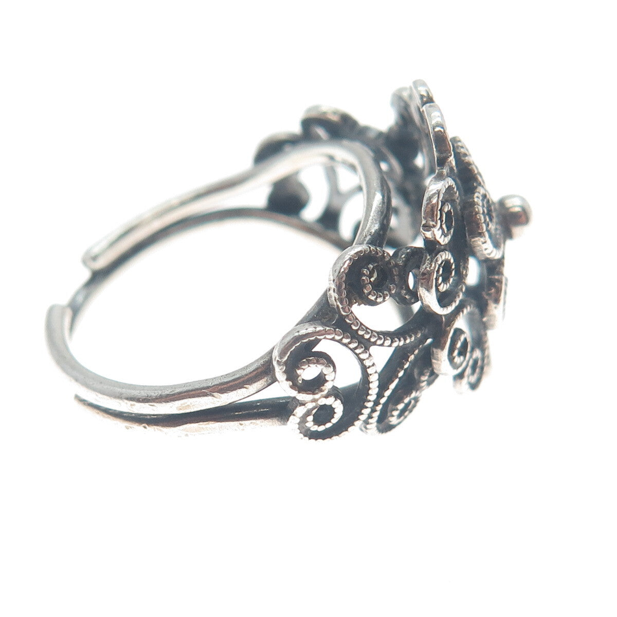 BEAU 925 Sterling Silver Vintage Swirl Oxidized Adjustable Ring Size 6.75