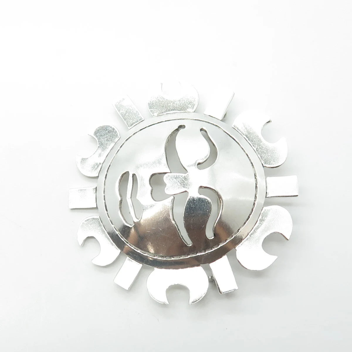 925 Sterling Silver Vintage Mexico Sun Face God Pin Brooch