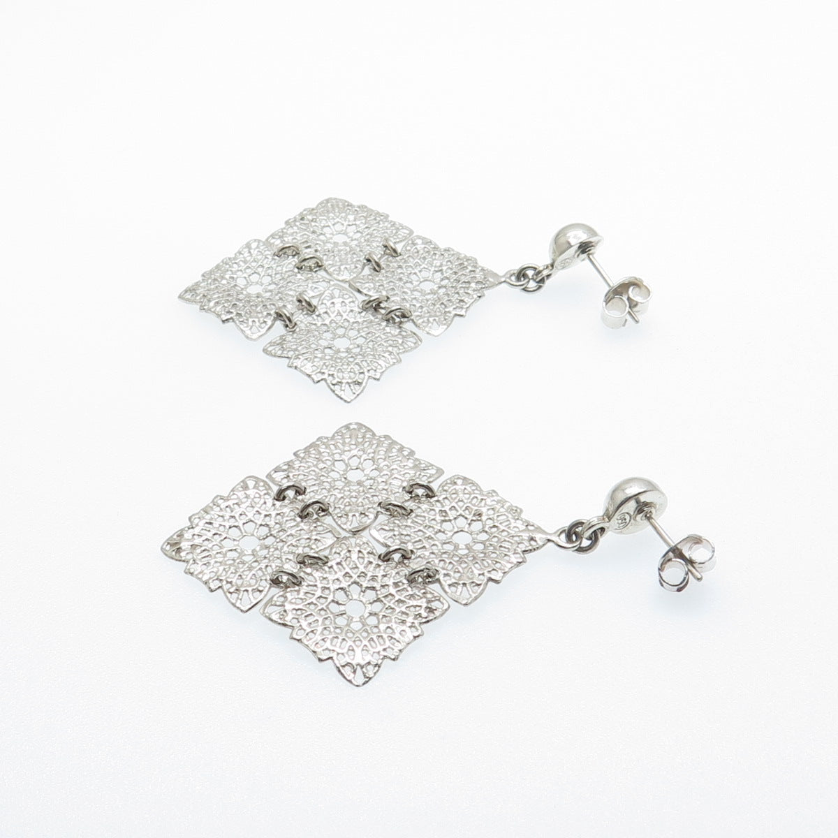 950 Silver Vintage Modernist Floral Dangle Earrings