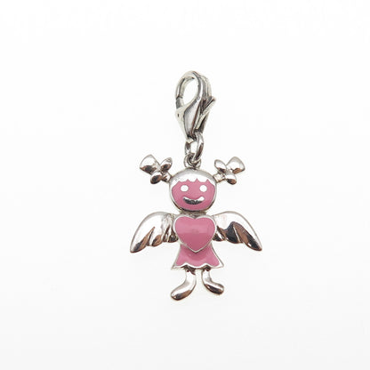 925 Sterling Silver Pink Enamel Angel Heart Lobster Lock Mini Charm Pendant