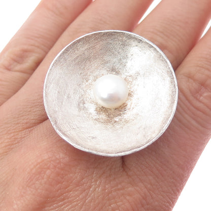 925 Sterling Silver Vintage Real Pearl Modernist Statement Ring Size 8