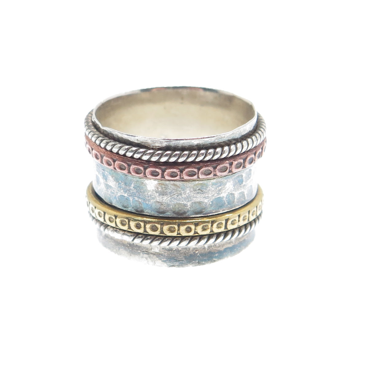 925 Sterling 3-Tone Vintage Real Blue Topaz Hammered Oxidized Ring Size 7.25