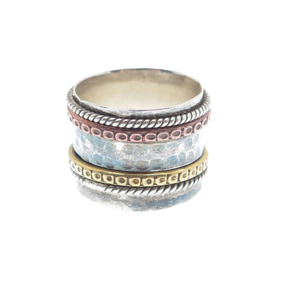 925 Sterling 3-Tone Vintage Real Blue Topaz Hammered Oxidized Ring Size 7.25