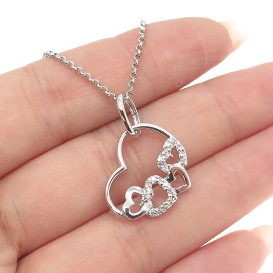 925 Sterling Silver Italy C Z Open Heart Pendant Rolo Chain Necklace 14"