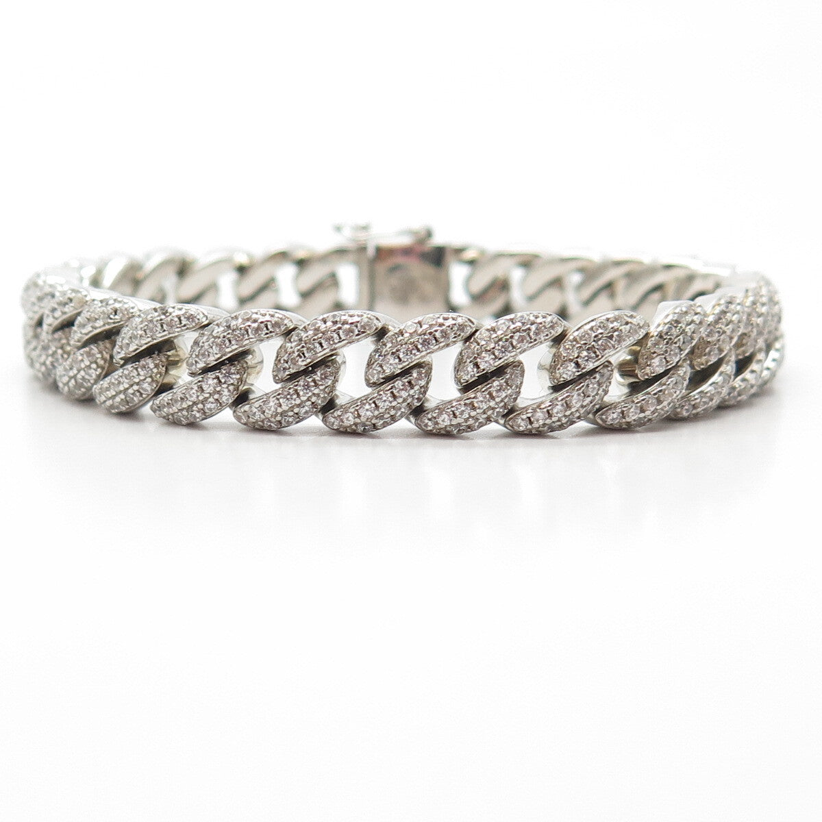 925 Sterling Silver White C Z Curb Link Bracelet 7"