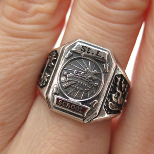 925 Sterling Silver Vintage 1953 Enamel St. Louis School Oxidized Ring Size 6.5
