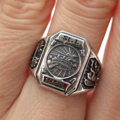 925 Sterling Silver Vintage 1953 Enamel St. Louis School Oxidized Ring Size 6.5