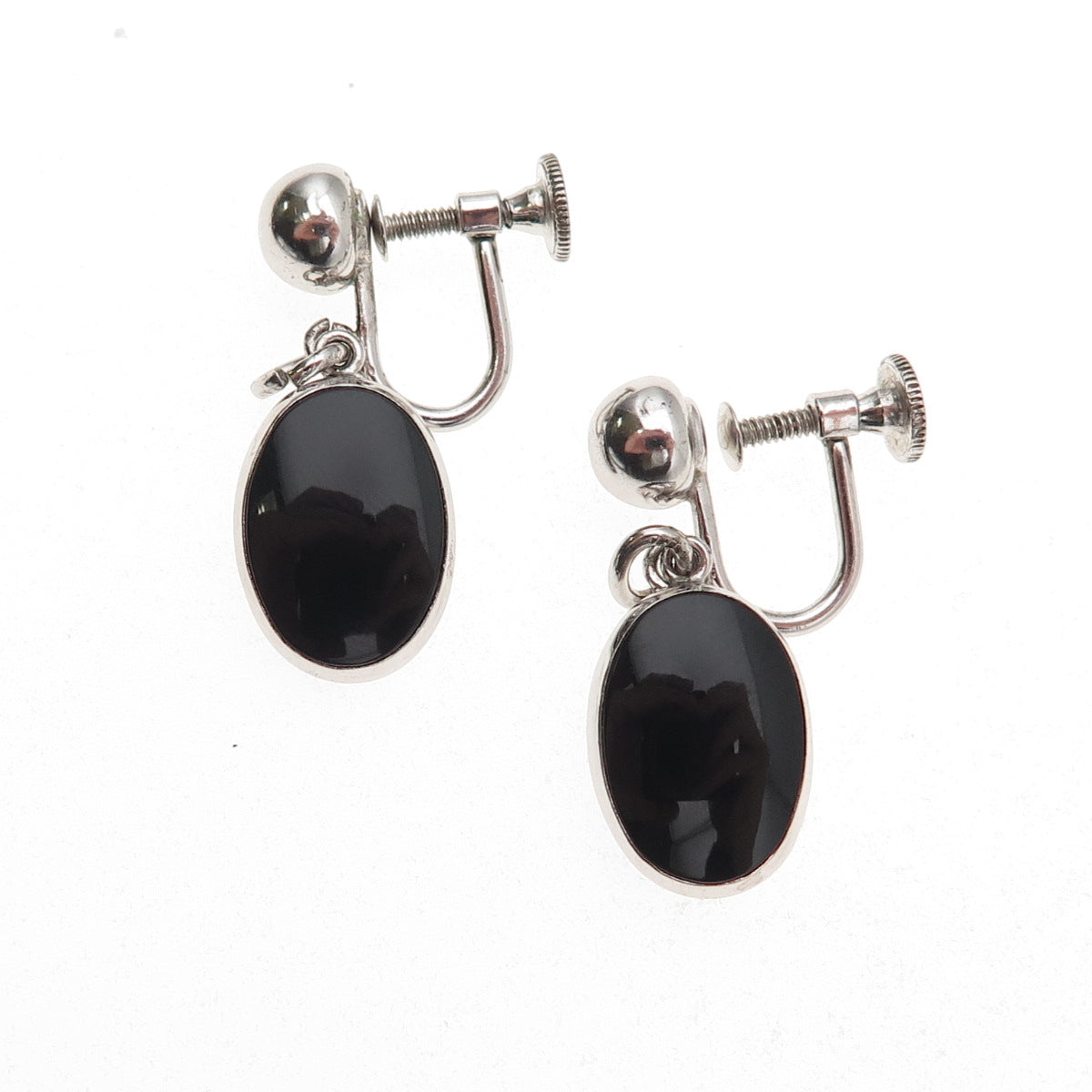 Simmons 925 Sterling Antique Art Deco Real Black Onyx Screw Back Dangle Earrings