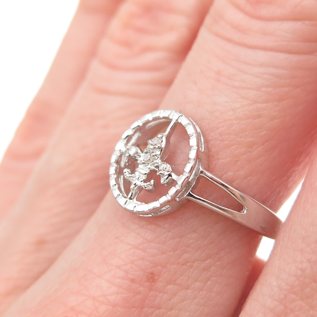 925 Sterling Silver Real Round-Cut Diamond Fleur de Lis Ring Size 6.75