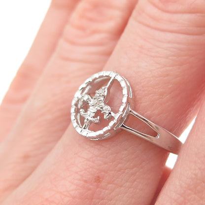925 Sterling Silver Real Round-Cut Diamond Fleur de Lis Ring Size 6.75