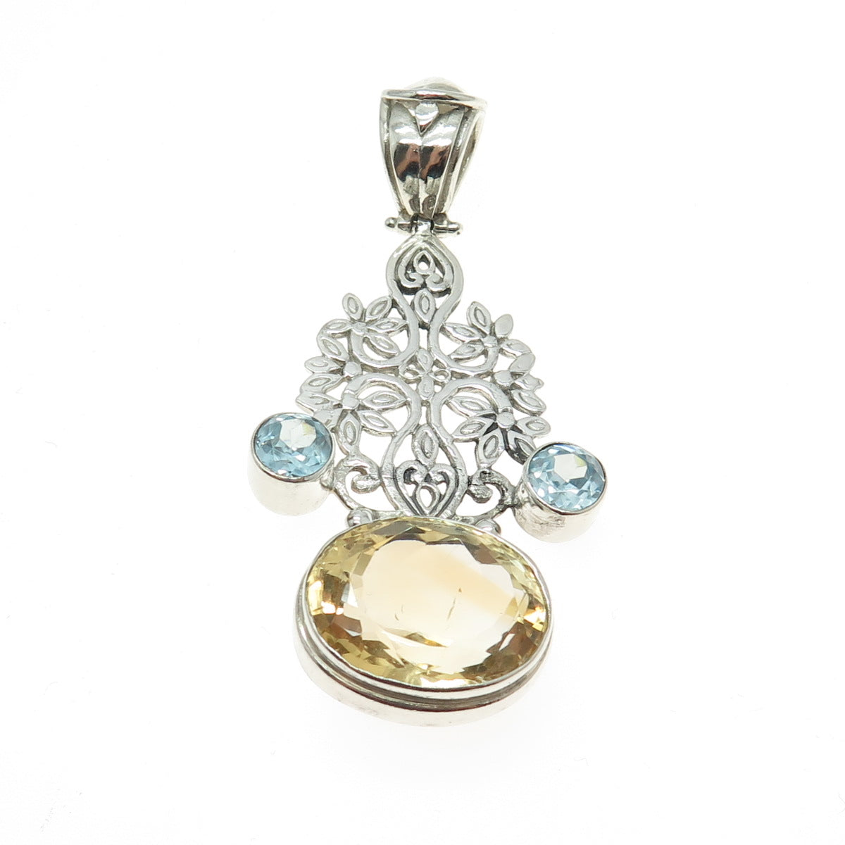 925 Sterling Silver Vintage Real Blue Topaz & Citrine Gemstone Floral Pendant