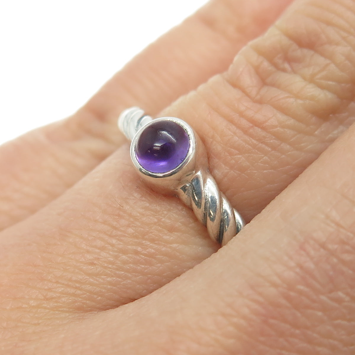 925 Sterling Silver Vintage Real Amethyst Gemstone Twisted Ring Size 6.5