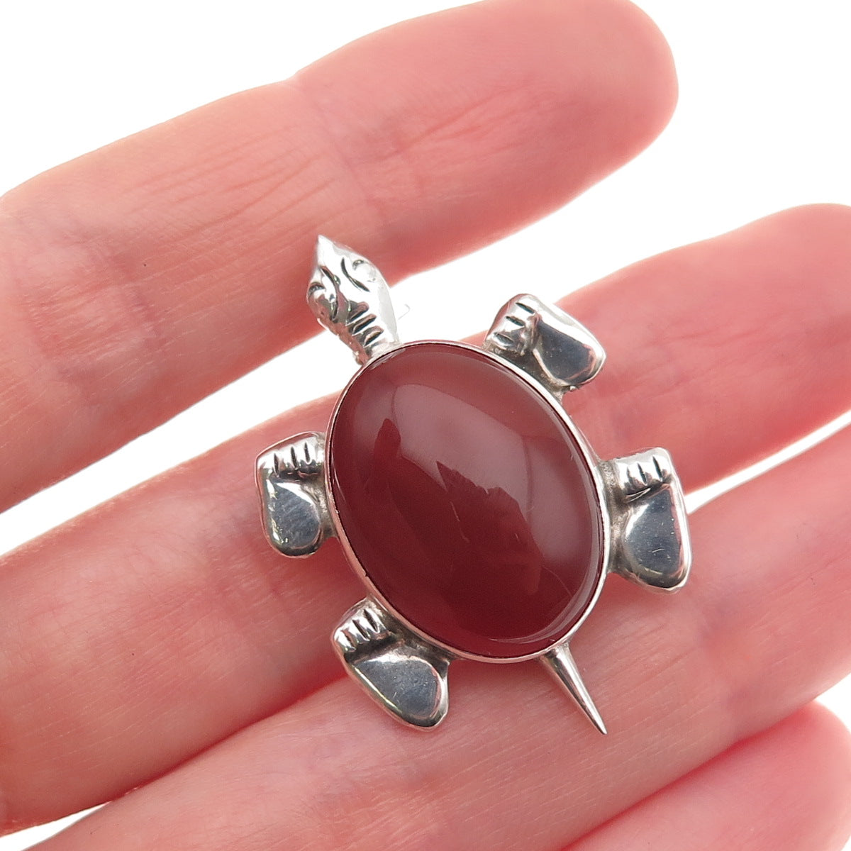 925 Sterling Silver Vintage Real Carnelian Turtle Oxidized Pin Brooch
