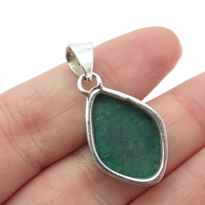 925 Sterling Silver Vintage Real Oval Rhombus-Cut Emerald Pendant