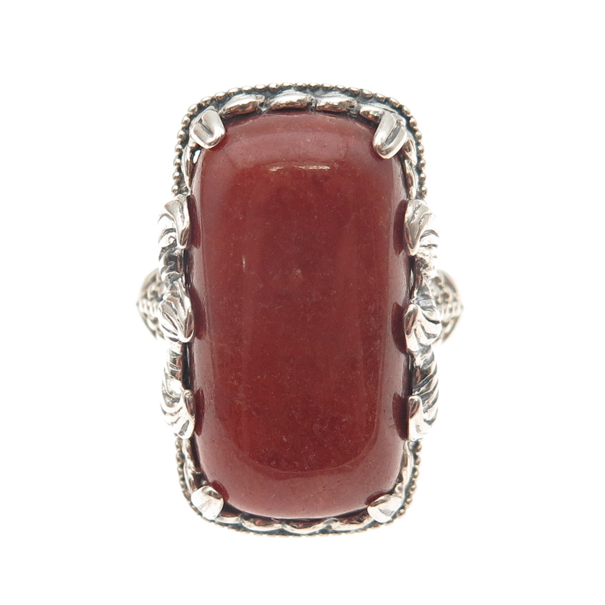 JOY 925 Sterling Silver Vintage Real Red Aventurine Fish Oxidized Ring Size 8.25