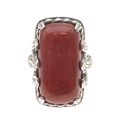 JOY 925 Sterling Silver Vintage Real Red Aventurine Fish Oxidized Ring Size 8.25