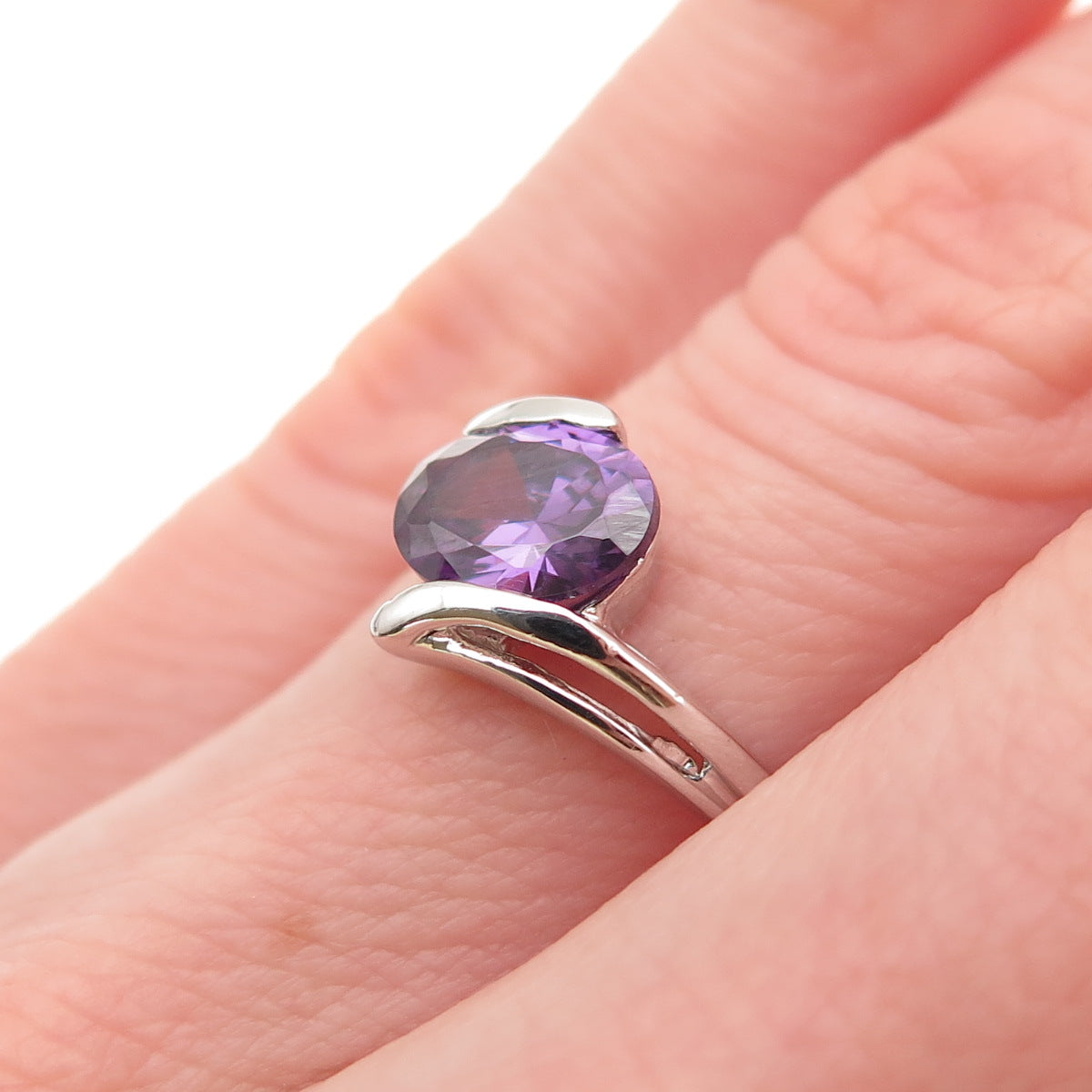 925 Sterling Silver Real Oval-Cut Amethyst Bypass Ring Size 5