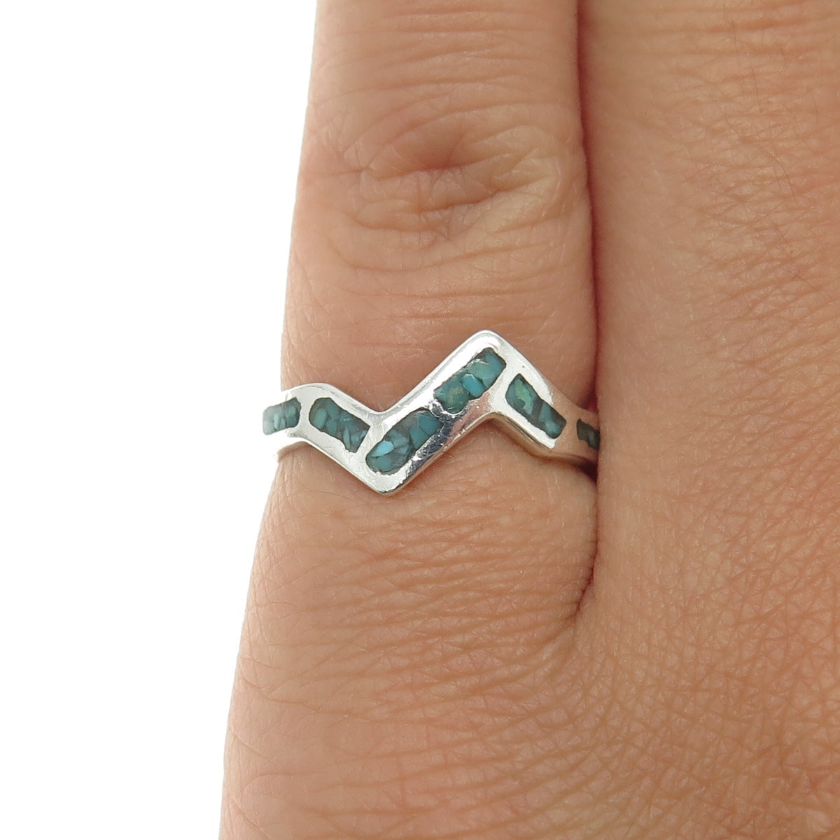 Old Pawn 925 Sterling Silver Southwestern Turquoise Inlay Zig Zag Ring Size 4.75