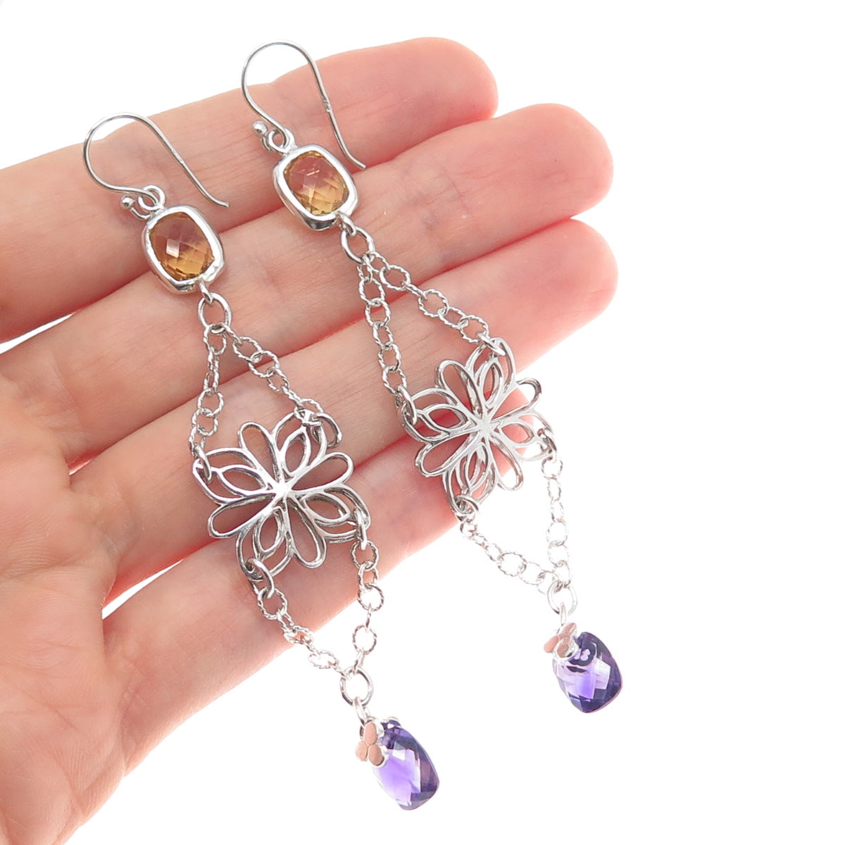 925 Sterling Silver Real Yellow & White Topaz Amethyst Flower Dangle Earrings